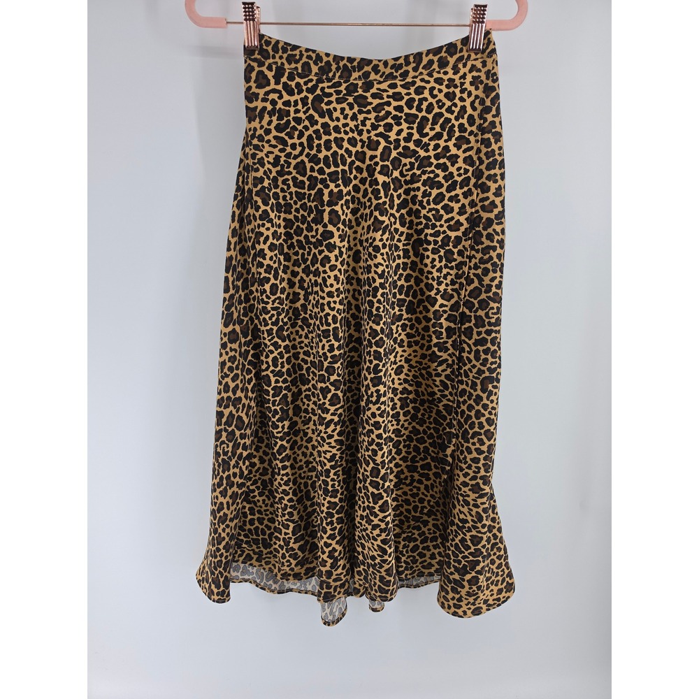Crown & Ivy Leopard Print Satin Midi Skirt Brown Tan Animal Print Elastic Waist